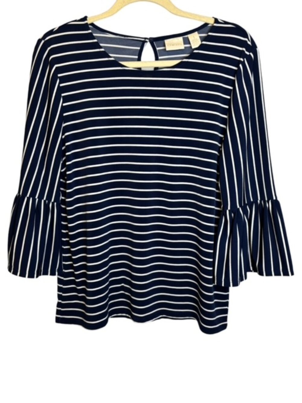 Chico's Blouse Women's Medium Bell Sleeves Stripes Blueโ White Chicos 1